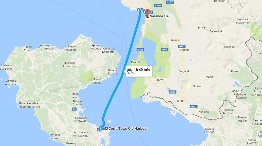 mapa de la distancia entre corfu y sarande en albania